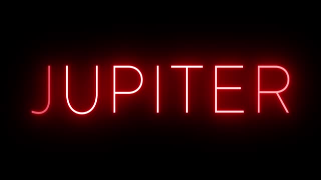 Glowing and blinking red retro neon sign for JUPITER