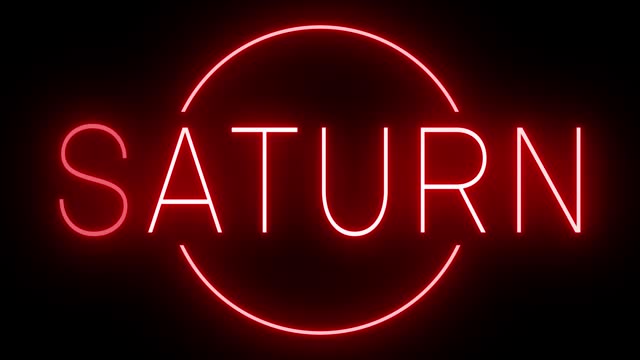 Glowing and blinking red retro neon sign for SATURN