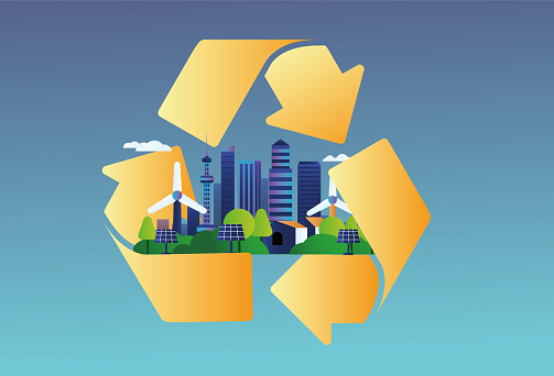 Urban environmental protection and recyclable icons, new energy environmental protection concept illustration.