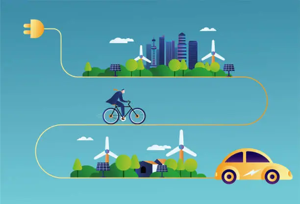 Vector illustration of New energy vehicles and low-carbon travel, new energy and environmental protection concept map.