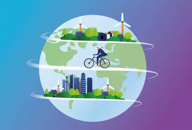 Vector illustration of A business man rides a bicycle on the earth for low-carbon travel, a concept illustration of new energy and environmental protection.