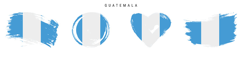 Guatemala hand drawn grunge style flag icon set. Guatemalan banner in official colors. Free brush stroke shape, circle and heart-shaped. Flat vector illustration isolated on white.
