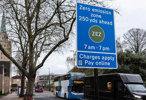 Oxford, united kingdom, 18 December 2023 blue zero emission zone sighn, warning drivers of possible charges, public transport exempt