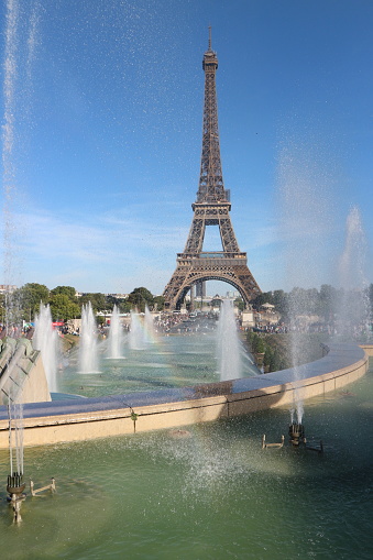 Show of fountains and Eiffel Tower in the background with clear blue sky.