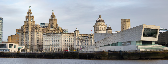 Panorama of the Liverpool waterfront captured from Liverpool, united kingdom January, 16, 2024 multiple images taken on the Seacombe promenade on the Wirral.