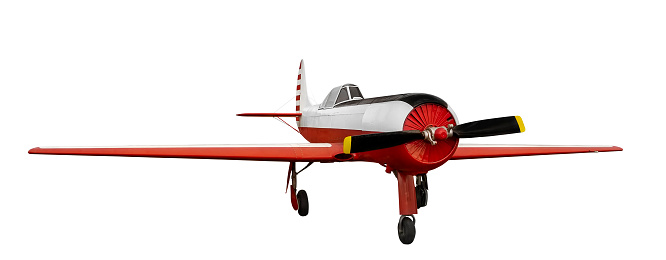 Front side view of red and white aerobatic sports aircraft with piston engine with propeller. Isolated on white background
