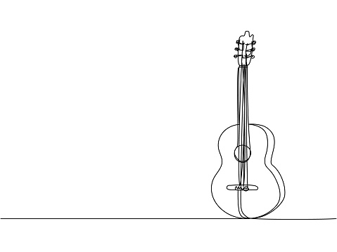 Acoustic guitar one line art. Continuous line drawing of musical, equipment, song, guitar, electric, melody, rock, volume, chord, bass acoustic Hand drawn vector illustration