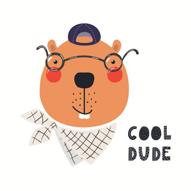 Cute hipster beaver Hand drawn vector illustration of a cute hipster beaver in glasses, with lettering quote Cool dude. Isolated objects on white background. Scandinavian style flat design. Concept for children print. clip art of baby beaver stock illustrations