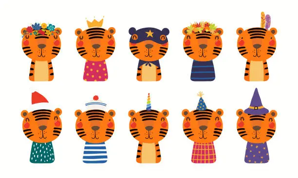 Vector illustration of Cute tiger big set, superhero, princess, unicorn