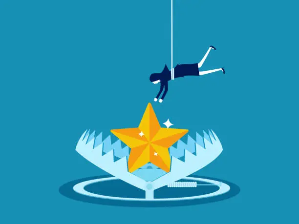 Vector illustration of Success trap. Businesswoman trying to pick up stars in a bear trap Vector