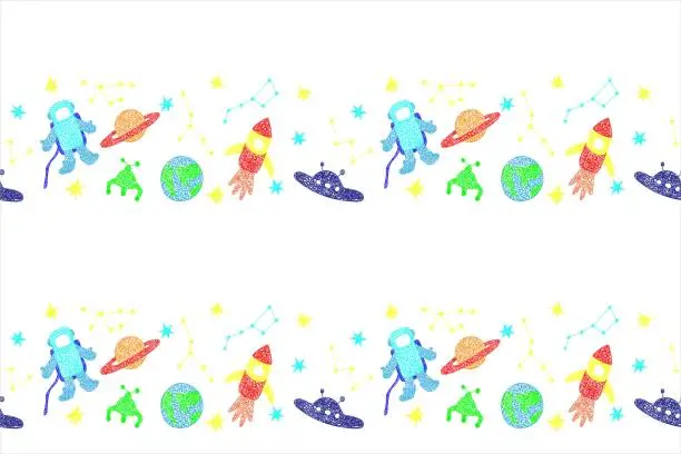 Vector illustration of Seamless border with hand drawn stars, flying sauer, planet, mars rover, roket, earth planet,constellations on white background in childrens naive style.