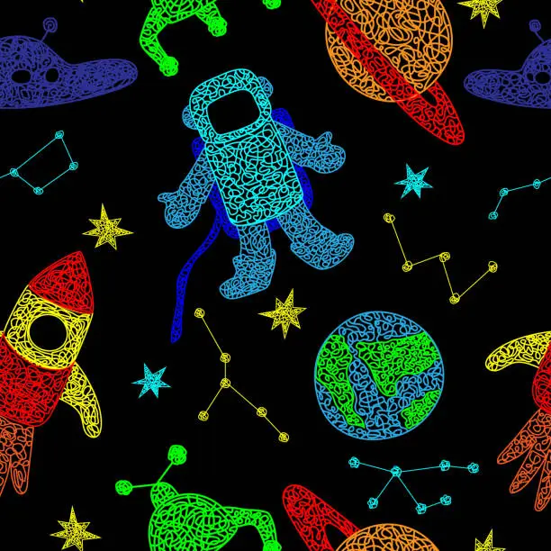 Vector illustration of Seamless pattern with hand drawn stars, flying sauer, planet, mars rover, rocket, earth planet,constellations on black background in childrens naive style.