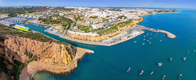 Albufeira village in Portugal Algarve drone aerial view in sunny day