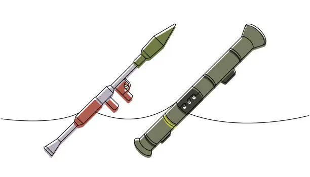 Vector illustration of Set of anti-tank grenade launchers one line colored continuous drawing. Various modern weapons continuous one line illustration. Vector illustration.