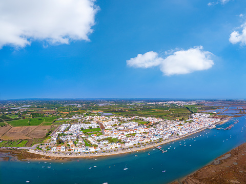 Santa Luzia near Tavira drone aerial view white picturesque village in Algarve of Portugal