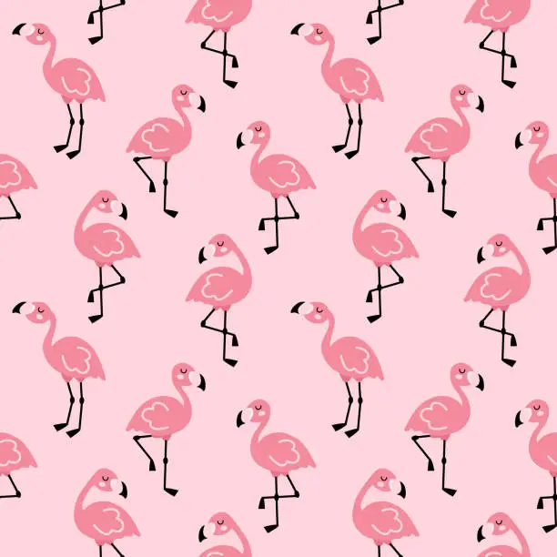 Vector illustration of Pink cute cartoon flamingo seamless pattern for fabric, wrapping paper, print, decor.