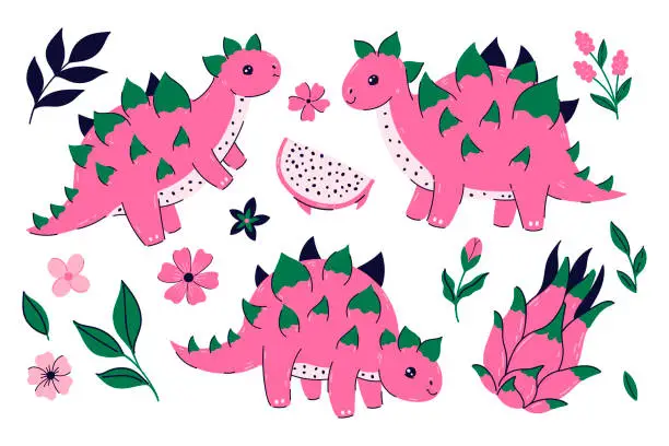 Vector illustration of Set of cute fruit pitahaya dinosaurs . Vector graphics.