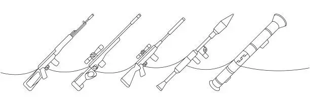 Vector illustration of Various weapons one line continuous drawing. Sniper rifles, anti-tank grenade launchers continuous one line illustration. Vector linear illustration.