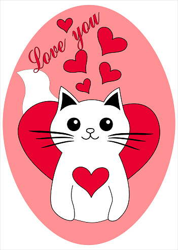 Valentines day card with cats and heart. Vector illustration.