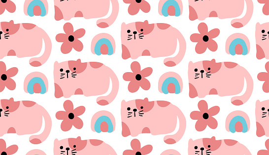 Cute cat, flower and rainbow seamless pattern