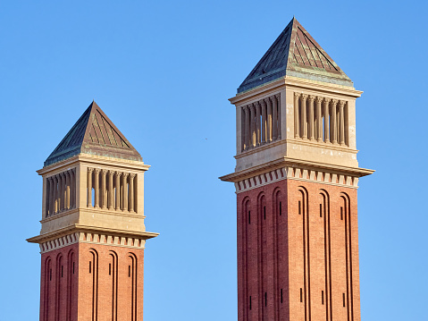 Barcelona, Spain - January 20, 2024: Venetian Towers (Torres Venecianes in Catalan ot Torres Venecianas in Spanish), entrance to Fira de Barcelona, a exhibition district. Former access to the Barcelona Intenational Exposition in 1929. Montjuïc, Barcelona, Catalonia (Cataluña), Spain, Europe