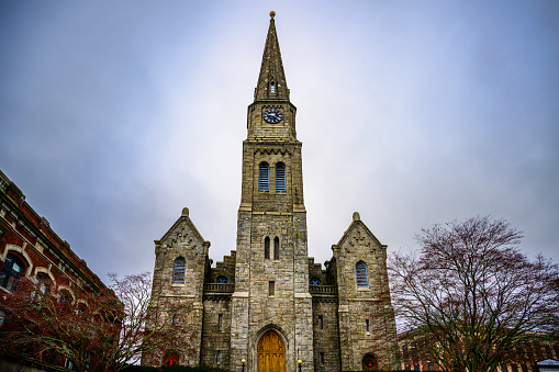 The First Congregational Church, a Gothic Revival-style architecture built in 1853 in Downtown New London Historic District, Connecticut, photo taken on December 28, 2023, before steeple collapse in January 2024.