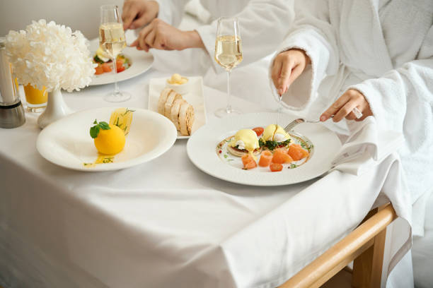 istock Hotel guests have breakfast in bathrobes 1964893009