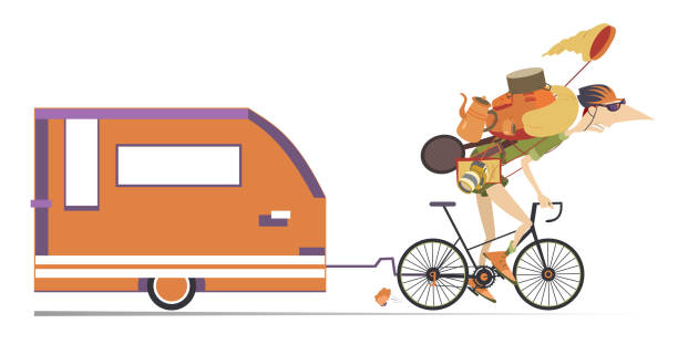 旅人。 自転車。キャンピングトレーラー - bicycle isolated white background cycling点のイラスト素材／クリップアート素材／マンガ素材／アイコン素材