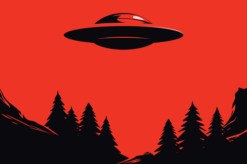 A spooky flying saucer over mountains and fir trees in red mystic skies. UFO Poster.