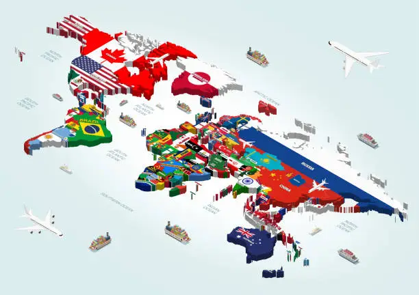 Vector illustration of World map where countries are connected with their national flags. Isometric 3d vector illustration