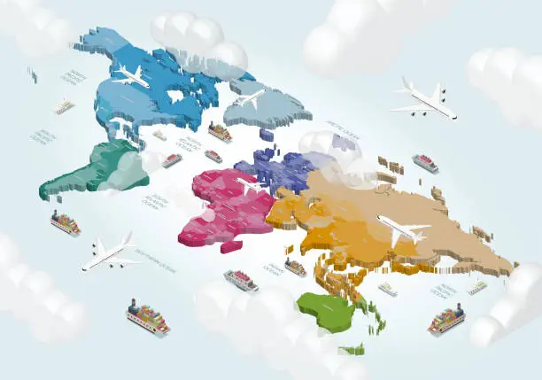 Vector illustration of World political map with airplanes, ships and clouds. Isometric 3d vector illustration