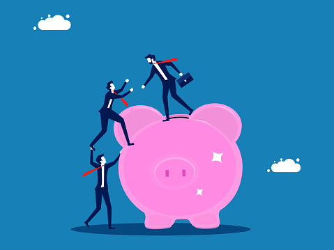Deposits increase, dividends increase. businessman helps a colleague climb onto a piggy bank. Vector