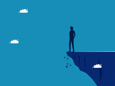 Business vision and opportunity and determination. Businessman standing on cliff edge looking ahead. vector