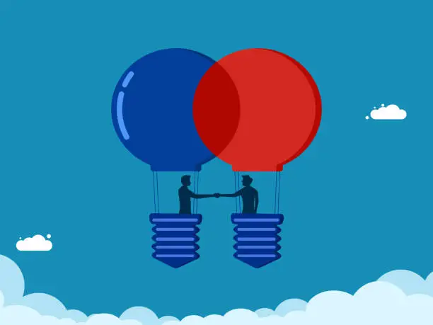 Vector illustration of Mergers and acquisitions. Two businessmen agree to work together on a light bulb balloon