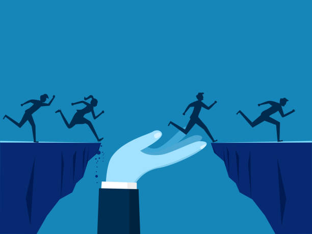 istock Leadership in guiding the business. Manager's hand helping businessman employees cross problem gaps 1964953602