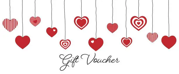 Vector illustration of Gift Voucher. Voucher card with red and white hanging hearts.