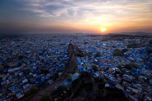 Top viewpoint of Jodhpur at the blue city and beautiful sunrise,Rajasthan,India.