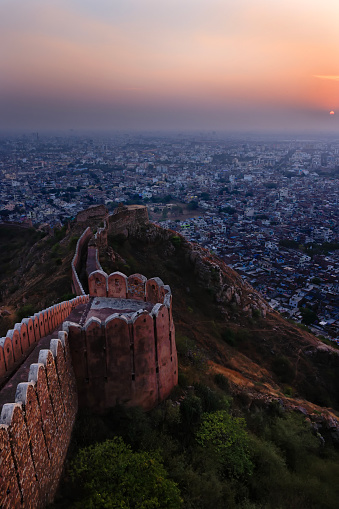Nahargarh Fort ancient Mughal wall with beautiful sunset in Jaipur,India.