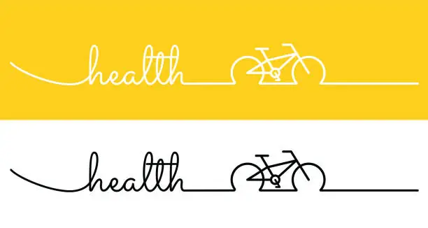 Vector illustration of Health handwriting lettering. Bicycle or Bike line icon on background stock illustration