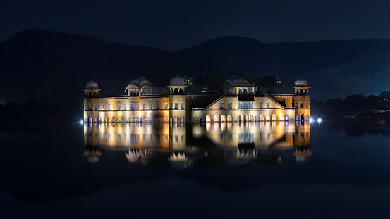 The Jal Mahal water palace on Man Sagar lake at night in Jaipur,Rajasthan,India.