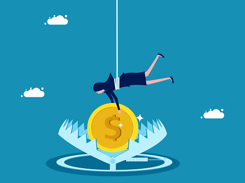 Financial risk. Businesswoman trying to reach the trap with a dollar coin. vector illustration