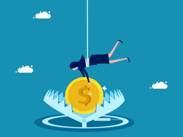 Vector illustration of Financial risk. Businesswoman trying to reach the trap with a dollar coin. vector