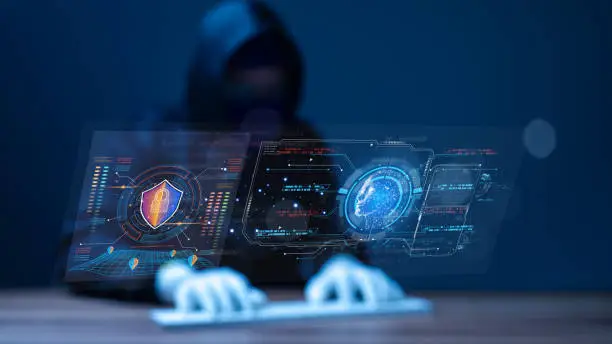 Photo of Hacker faces a formidable cyber security system with a firewall and artificial intelligence, defending against unauthorized login attempts and ensuring password protection on the computer screen