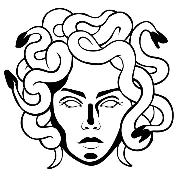 Vector illustration of Antique head gorgon medusa. Serpent mythical creature with snakes