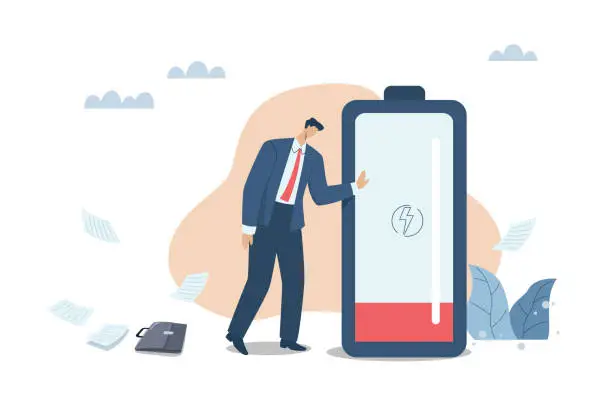 Vector illustration of Fatigue from working too hard, Problems with boredom, Exhaustion that employees face, The businessman standing is very tired and weak with a large battery with low power.