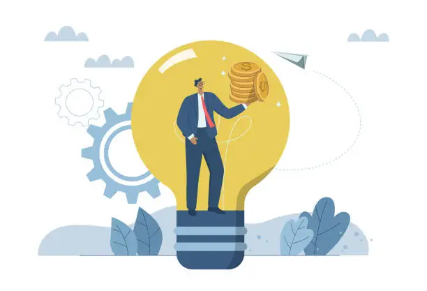 Vector illustration of New creative ideas or new business innovations, Creativity ideas for generating income and returns or inspiration achieve to goal, Businessman in a light bulb with huge profits. Vector illustartion.