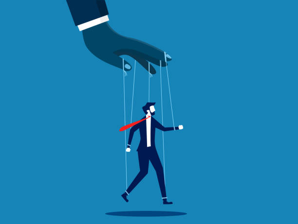 istock Dictatorship or slave concept. puppet businessman is controlled by shrugging hands 1964996051