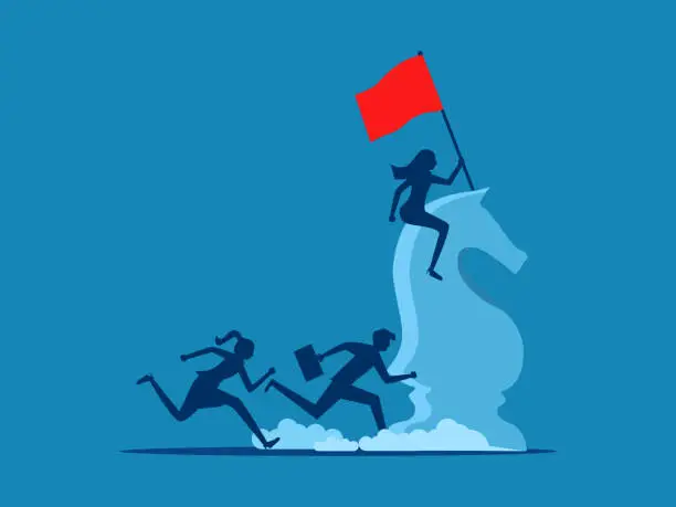 Vector illustration of Attacking business, leadership. Businesswoman riding a chess horse holding a red flag