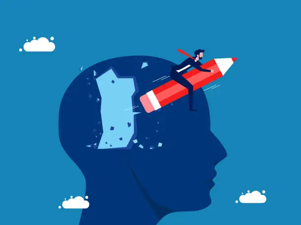 Vector illustration of Creative thinking. Businessman drives a rocket pencil flying out of his head