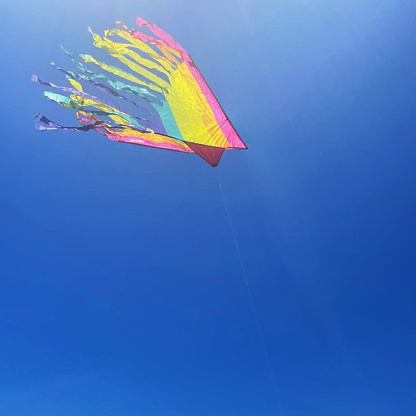 A colorful kite over the blue sky. Toy for children and adults. Kites can be flown for fun or in competitions.